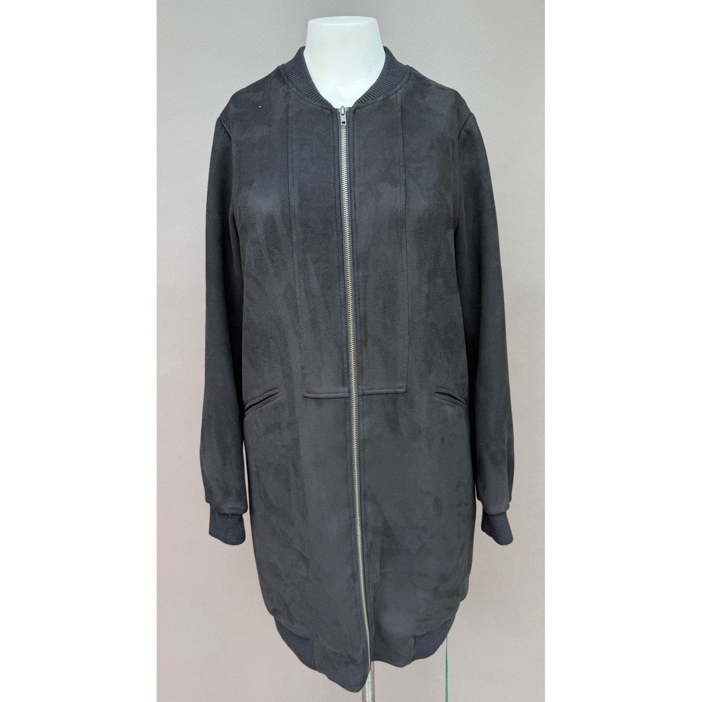 Black Faux Suede Longline Bomber Jacket Large Zip Front Ribbed Trim Minimalist L